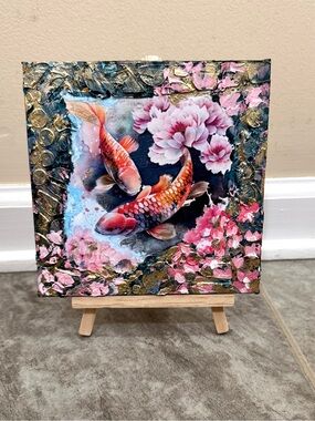 Mixed Media Koi Fish Textured Art On Canvas with Mini Easel Size 6”x6”